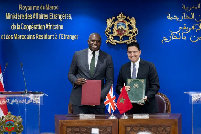 <p>Britain’s foreign secretary David Lammy and his Moroccan counterpart Nasser Bourita sign agreements in Rabat on Monday</p>