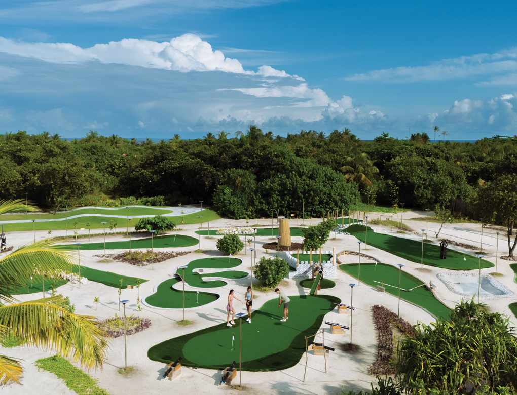 The sports zone includes a mini golf course, padel court and more