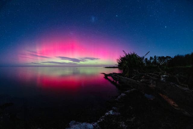 <p>Aurora australis, also known as southern lights, glow over Lake Ellesmere near Christchurch</p>
