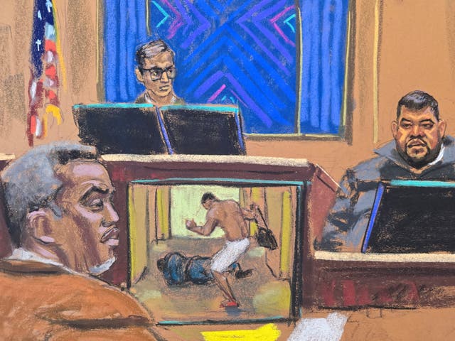<p>LA hotel security guard Eddy Garcia testified as Sean Combs watches on</p>