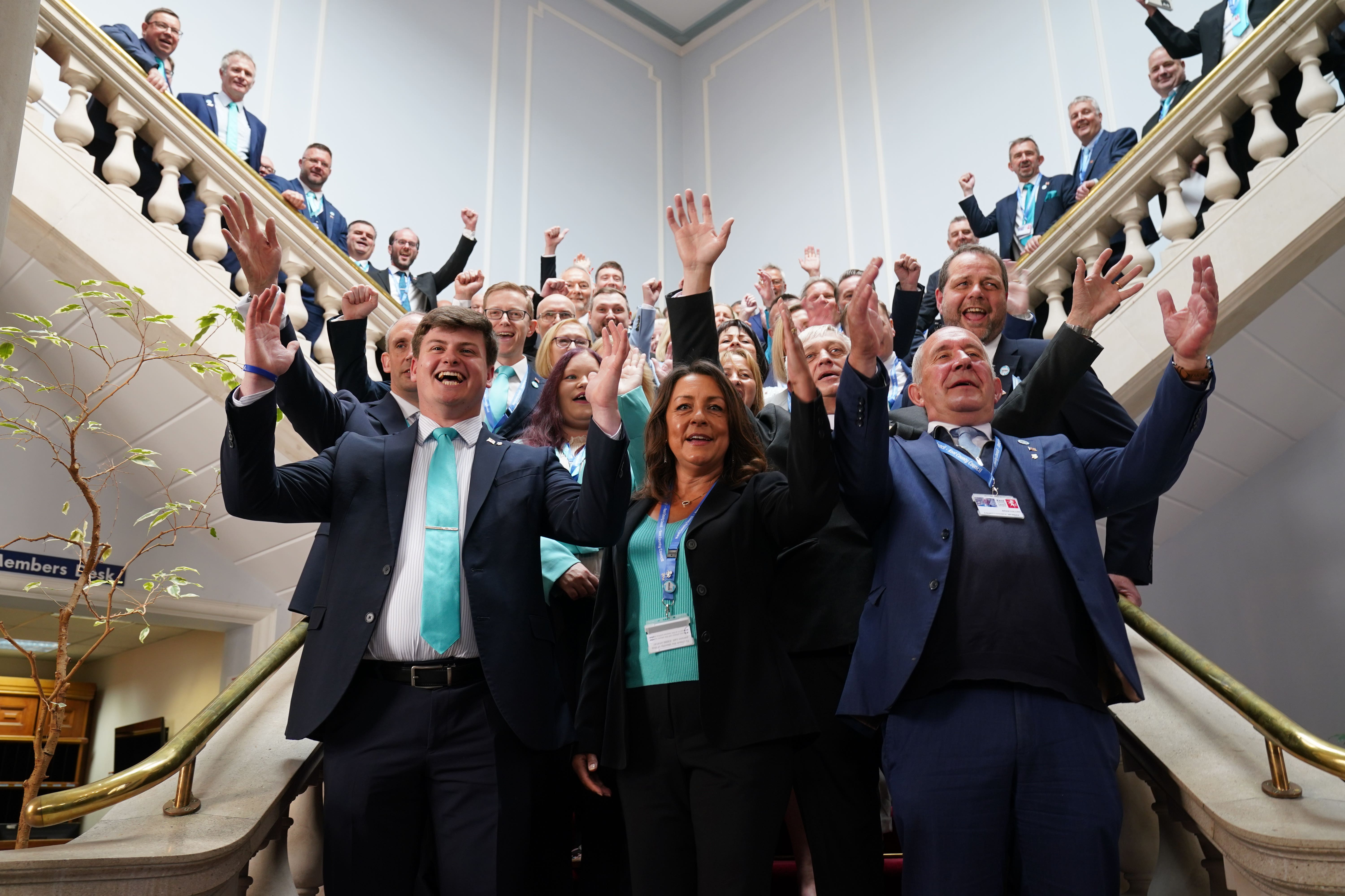 Reform Councillor Linden Kemkaran (front centre), leader of the Reform UK Kent County Council group, with the Reform UK councillors elected to Kent County Council, at County Hall in Maidstone, Kent, ahead of the first full council meeting