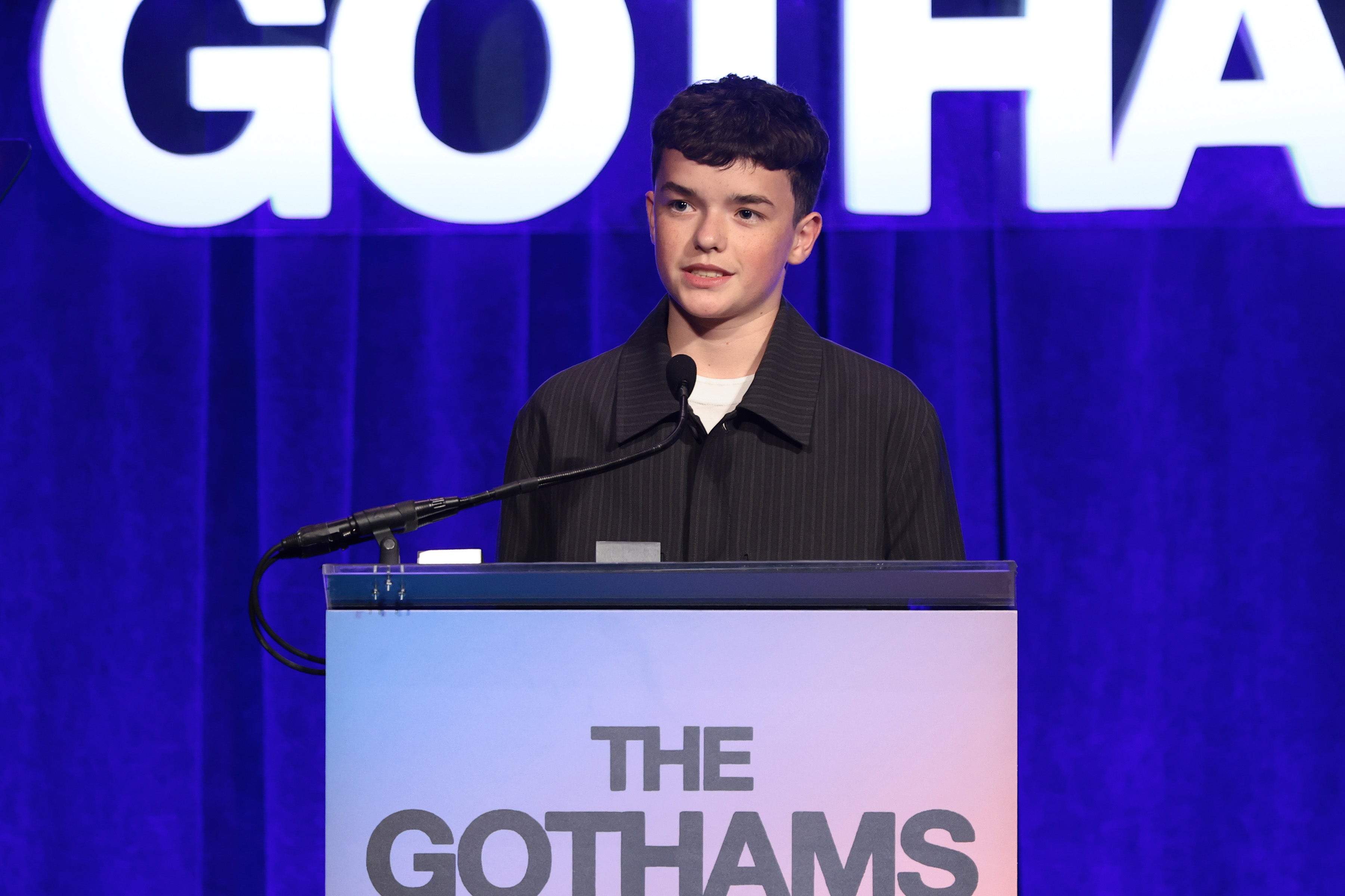 <p>Owen Cooper accepting his award at the 2025 Gotham Awards</p>
