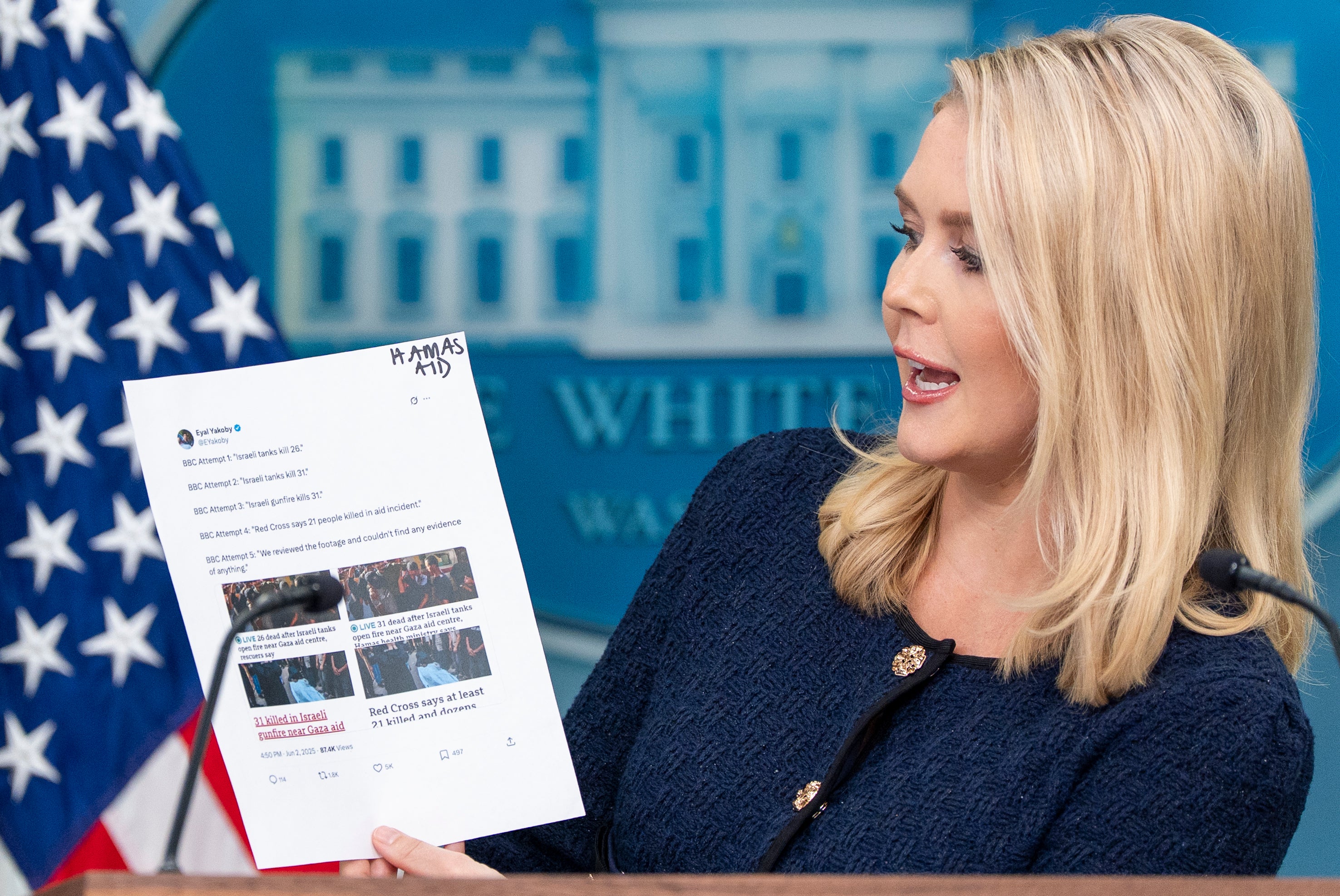 <p>White House press secretary Karoline Leavitt holding a document containing images of BBC articles</p>