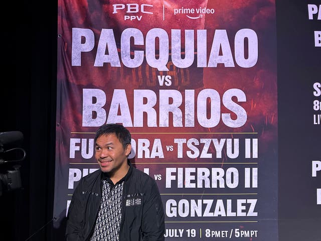 <p>Manny Pacquiao at a launch event for his fight with Mario Barrios</p>