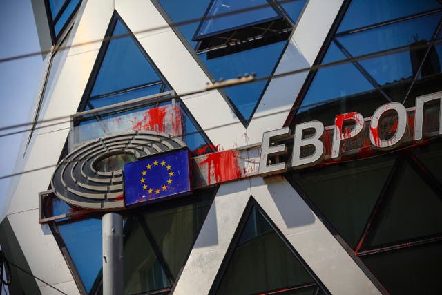 <p>Red paint from pro-Russian protests remain visible on the European Parliament and European Commission building in Sofia, Bulgaria</p>