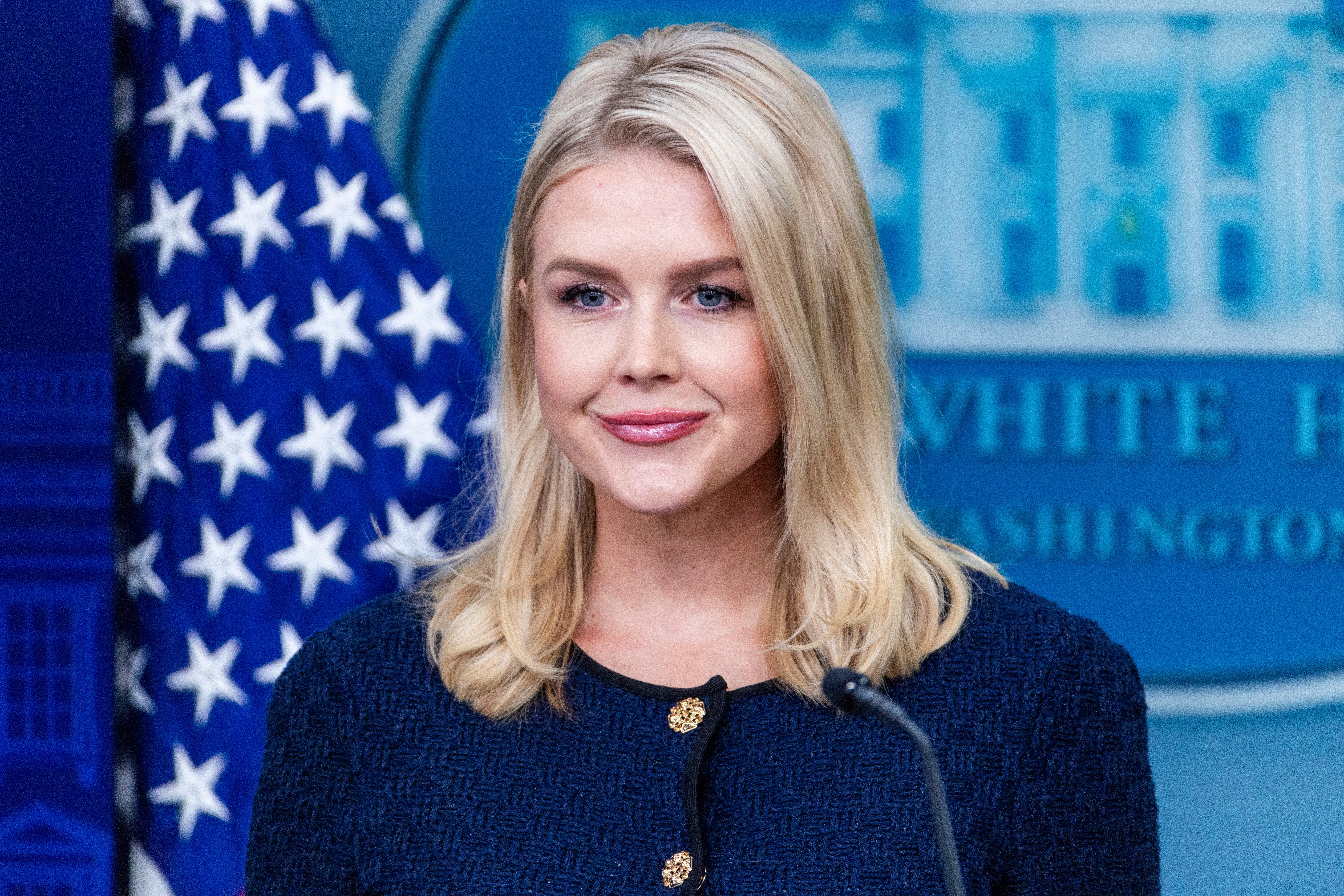 Karoline Leavitt was seen without her cross necklace during her press briefing on Tuesday