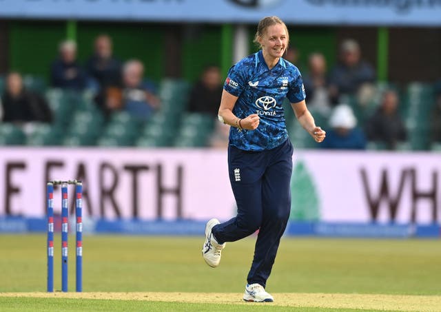 <p>Lauren Filer of England celebrates bowing Afy Fletcher of the West Indies </p>