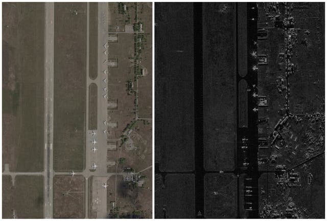 <p>Satellite images of the Belaya airfield as seen before and after the Ukrainian drones attack targeting Russian military airfields in Irkutsk region of Russia</p>