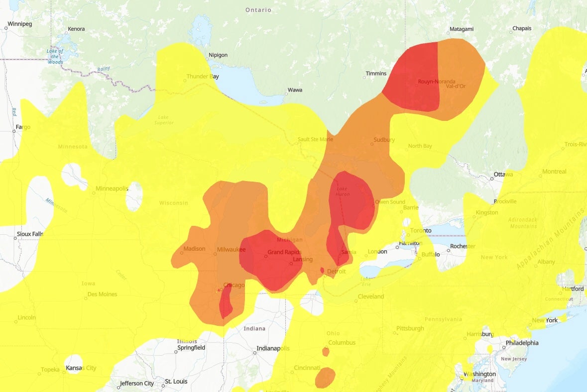 The worst air quality in the country right now is around Chicago and Detroit. Forecasters said impacts could linger through Friday