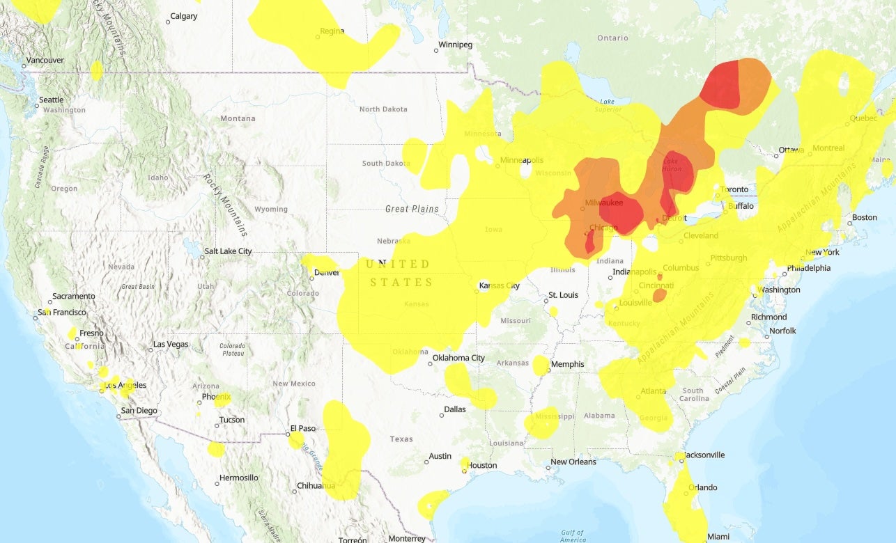 A map shows air quality across the U.S. on Thursday. Wildfire smoke from Canada has made air across several cities unhealthy