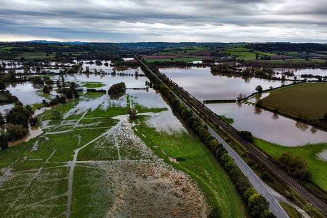 Flooded fields around the River Lugg near Leominster, after Storm Babet battered the UK, causing widespread flooding in late 2023 (Ben Brichall/PA)