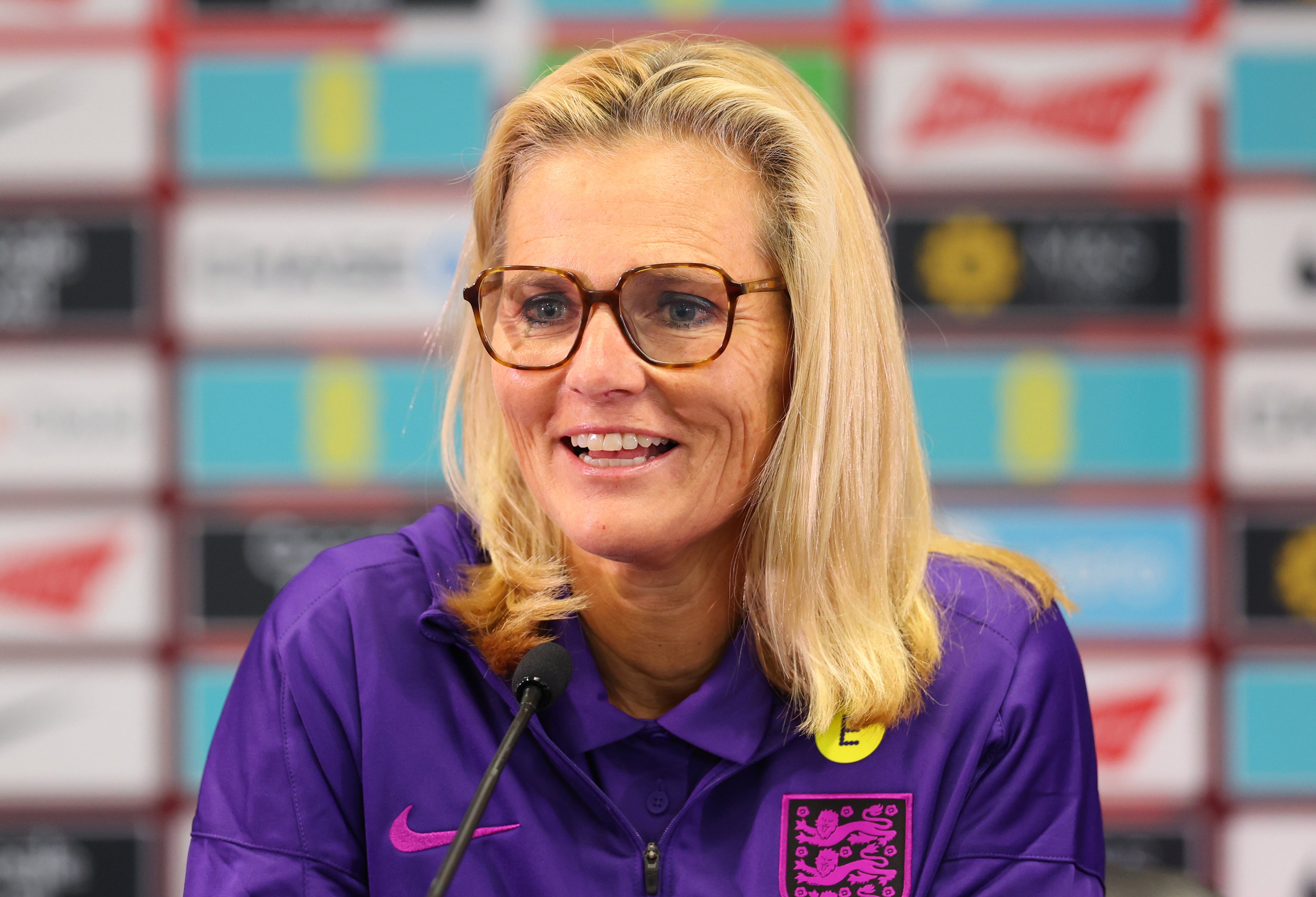 <p>Sarina Wiegman, Head Coach of England speaks to the media during the England UEFA Women's EURO 2025 squad announcement press conference</p>