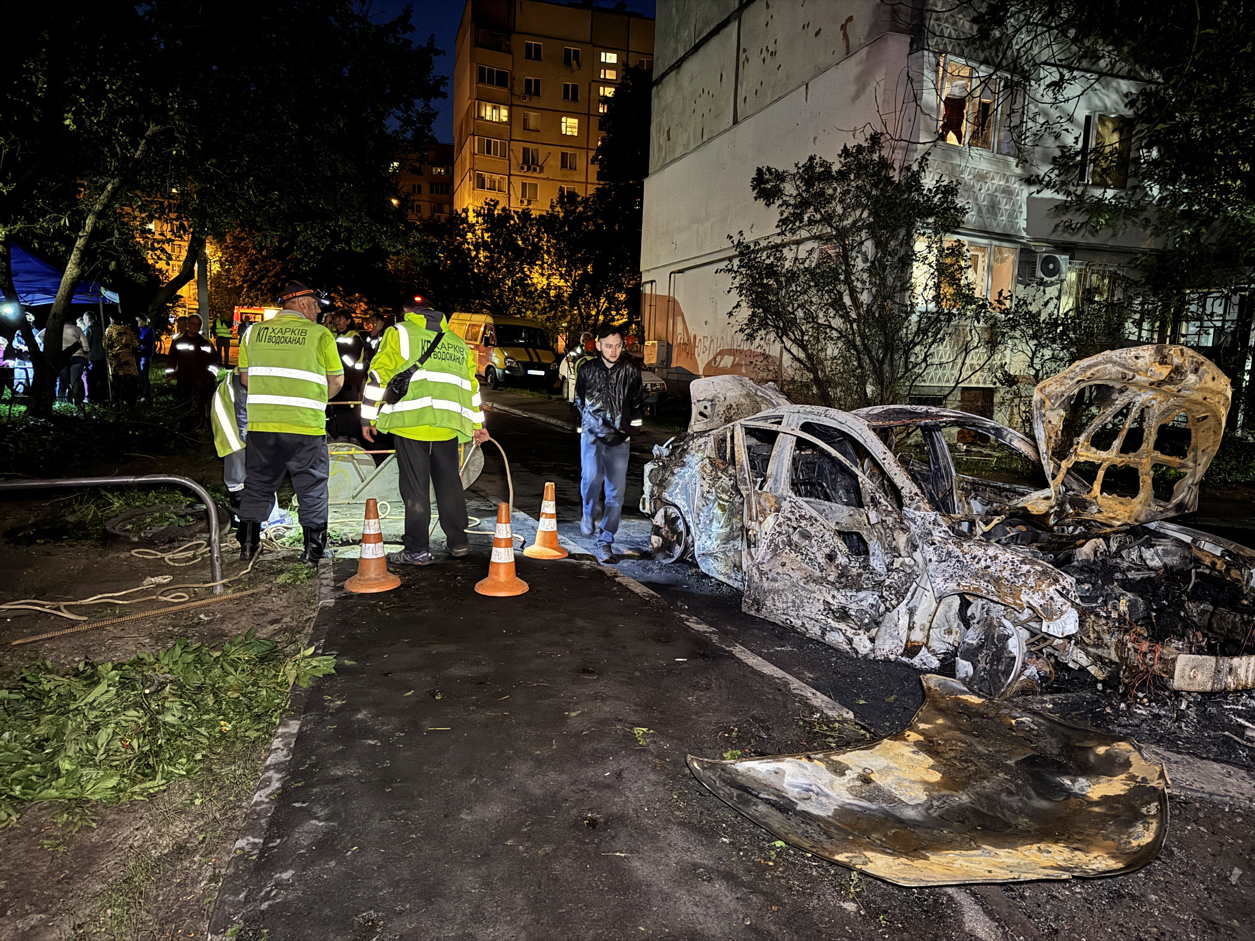 A view shows the site of the Russian drone strike, amid Russia's attack on Ukraine, in Kharkiv, Ukraine