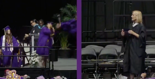 Student accidentally kicks girl doing backflip at graduation ceremony