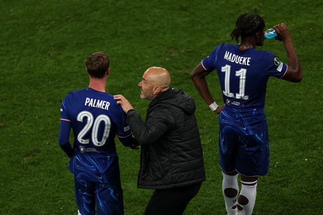 <p>Cole Palmer with manager Enzo Maresca during Chelsea’s Conference League final win</p>