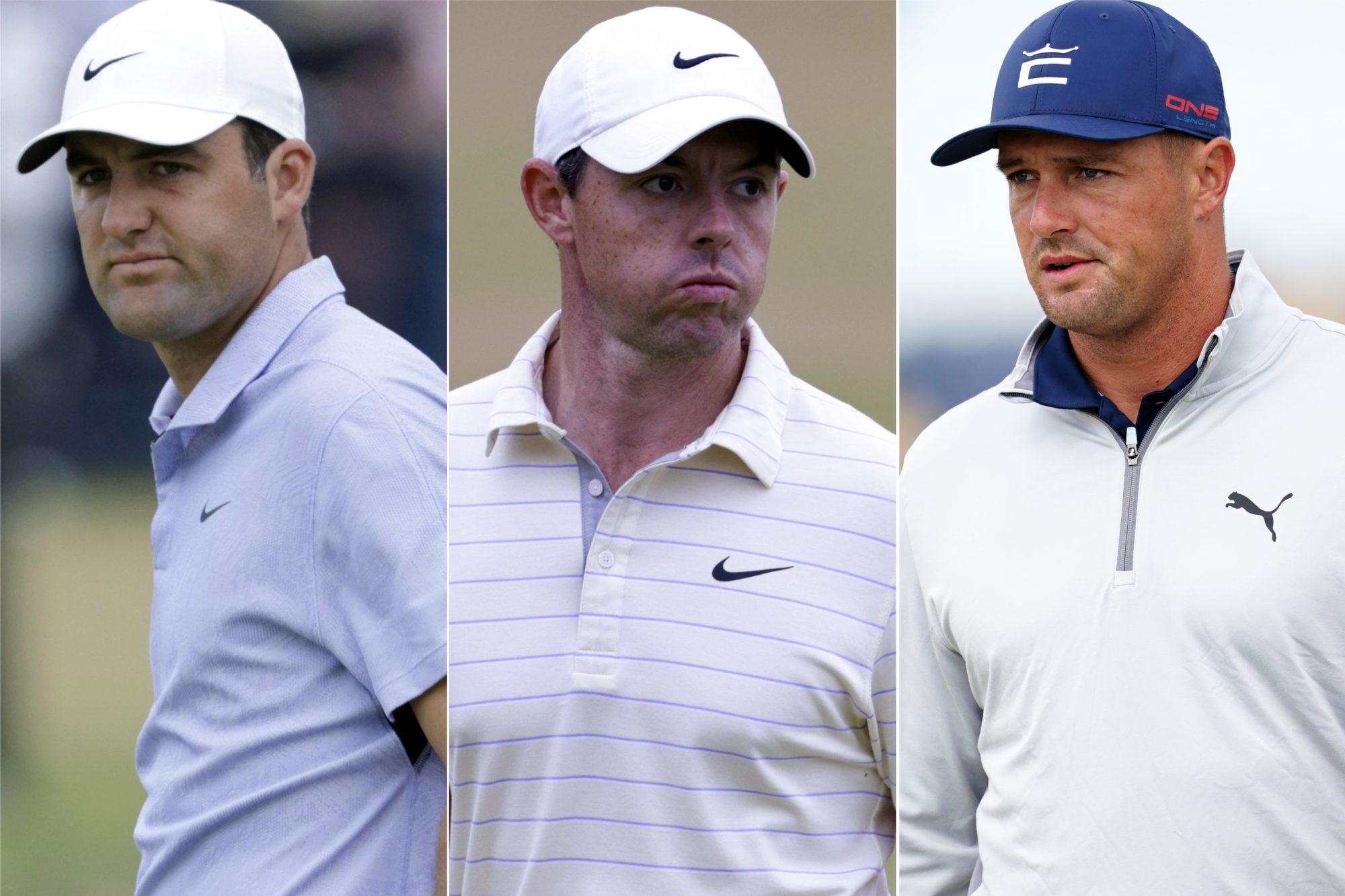 Scottie Scheffler, Rory McIlroy and Bryson DeChambeau look on (Richard Sellers/Richard Sellers/David Davies/PA)
