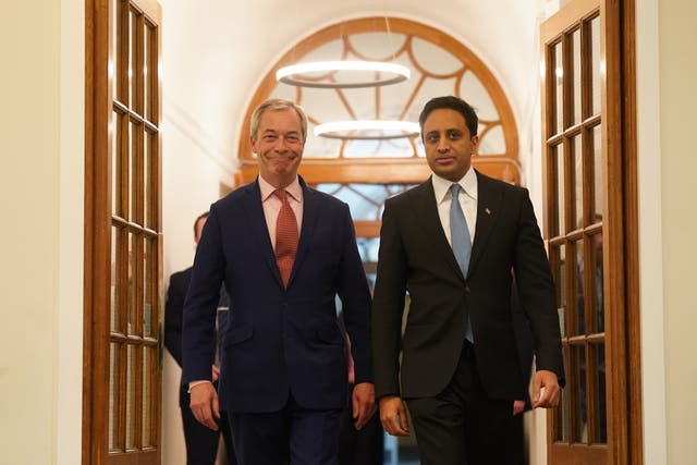 <p>Reform UK leader Nigel Farage, left, said he only had 10 minutes’ notice of Zia Yusuf’s decision to stand down as the party’s chairman</p>