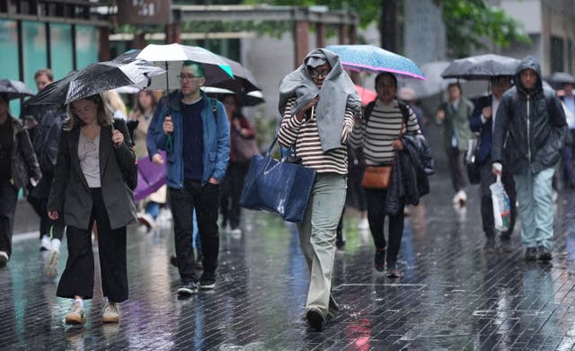 <p>The yellow warning for thunderstorms covers parts of central and southern England and Wales (Yui Mok/PA)</p>