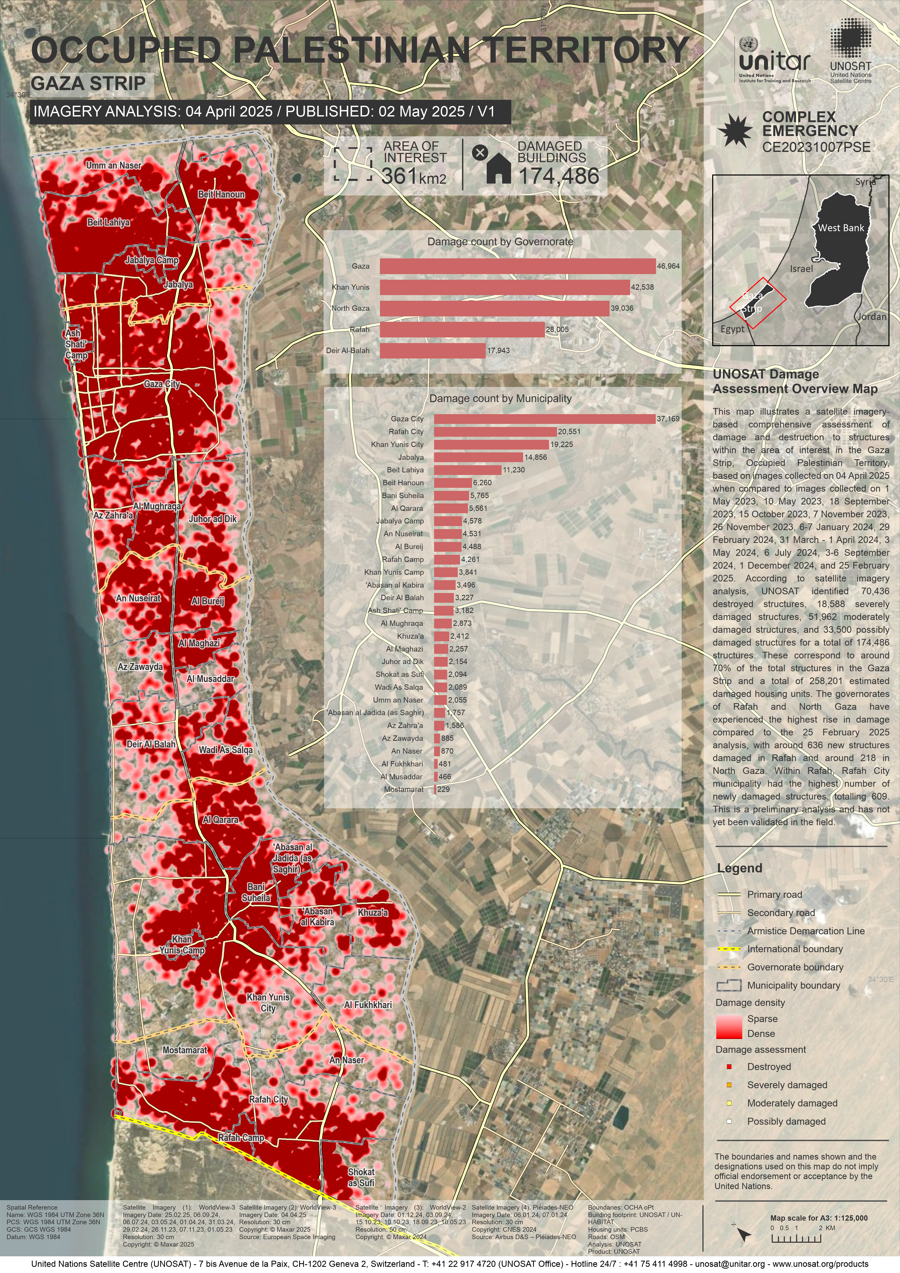 Map showing property destruction across Gaza, measured by UNOSAT using satellite imagery.