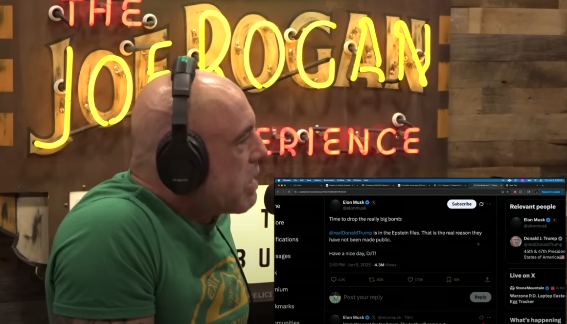 Joe Rogan reads off Elon Musk's tweet claiming Donald Trump is in the Epstein files during his interview with FBI Director Kash Patel.