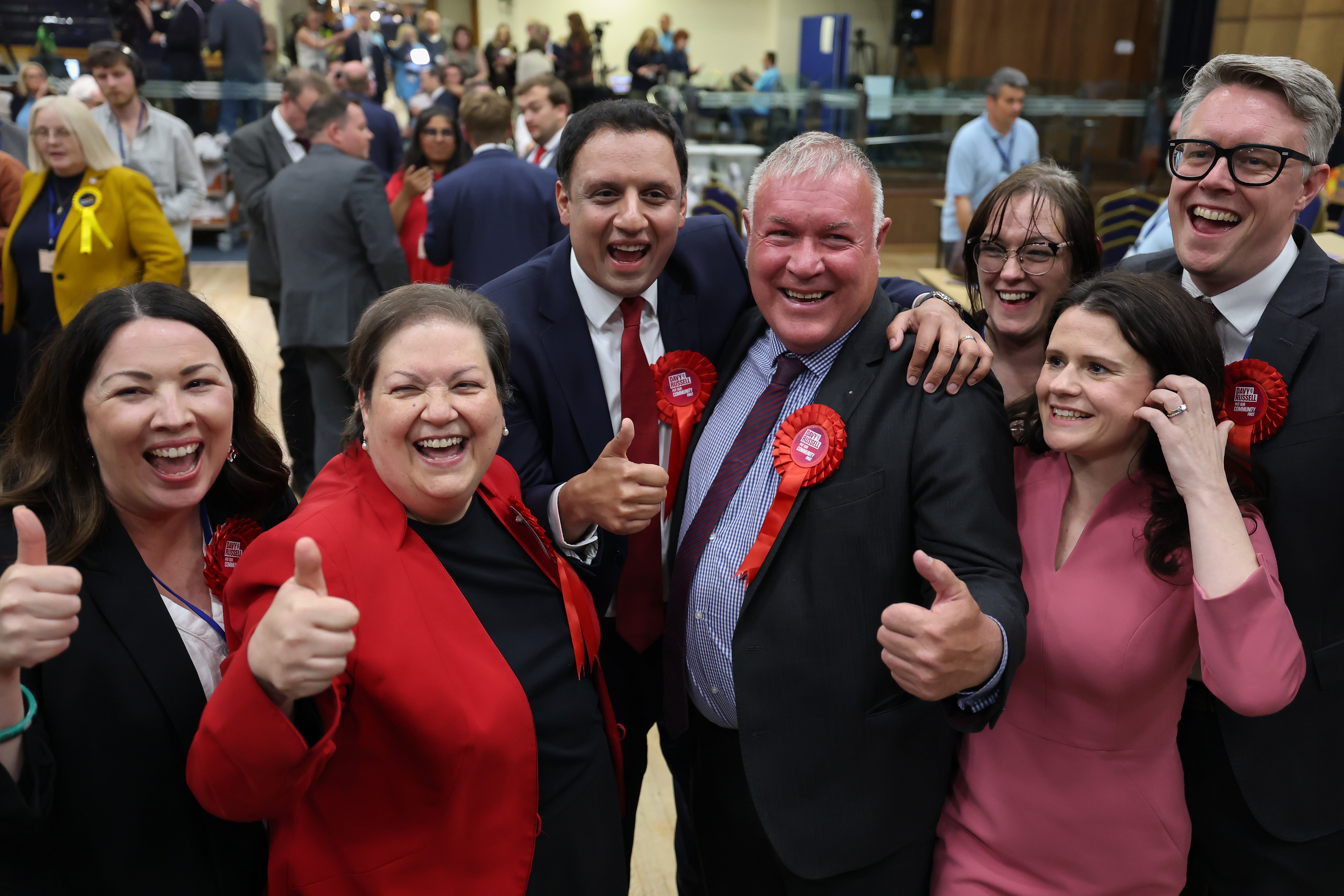 Davy Russell, Scottish Labour candidate, celebrates with Anas Sarwar and Jackie Ballie and Monica Lennon after winning the Hamilton, Larkhall and Stonehouse by-election on 6 June 2025