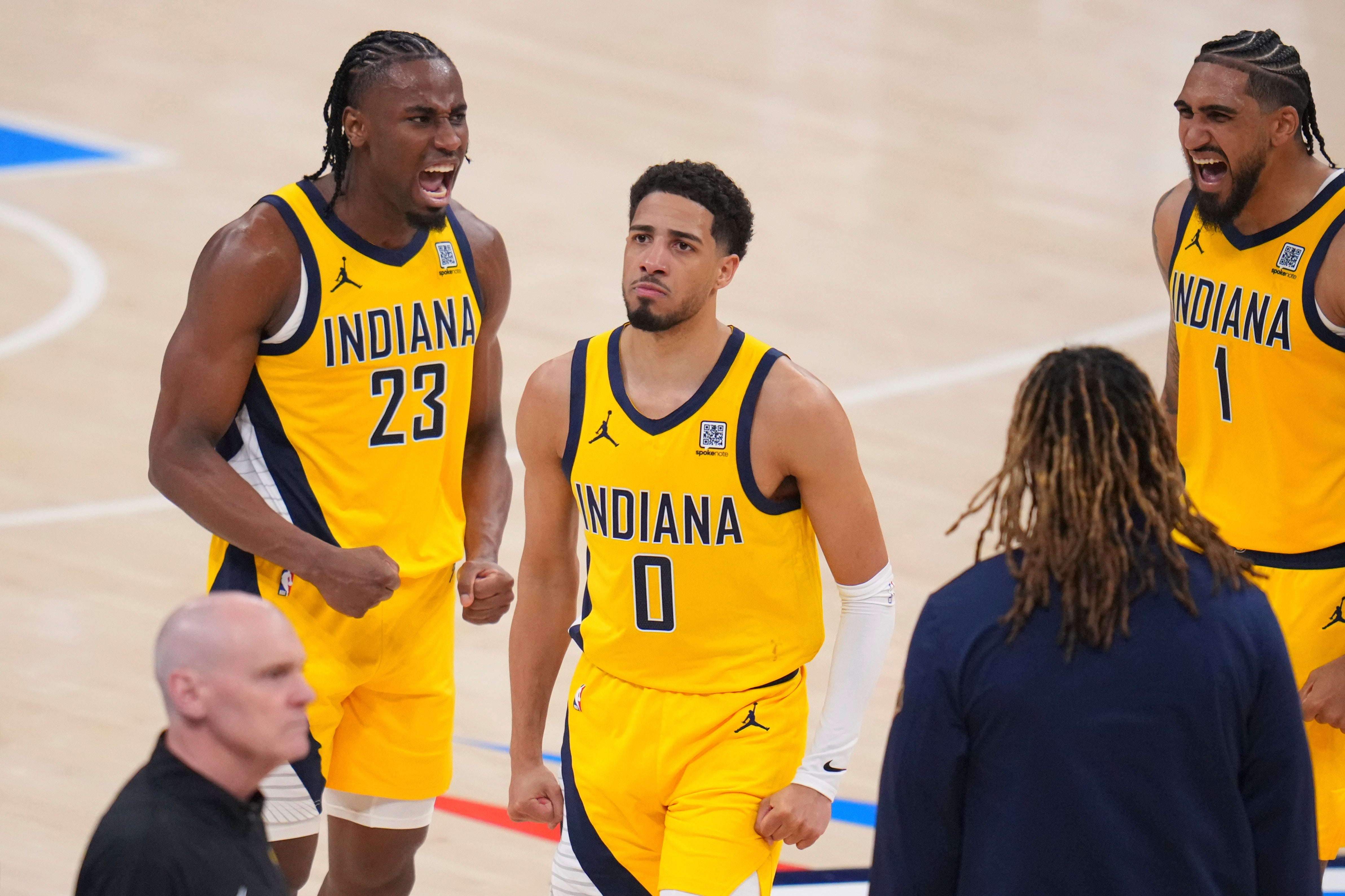 Indiana Pacers guard Tyrese Haliburton celebrates against the OKC Thunder