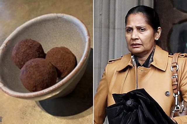 <p>Rosina Malik outside Central London County Court, where she was suing for £100k claiming she slipped on a chocolate truffle in a fine dining restaurant</p>