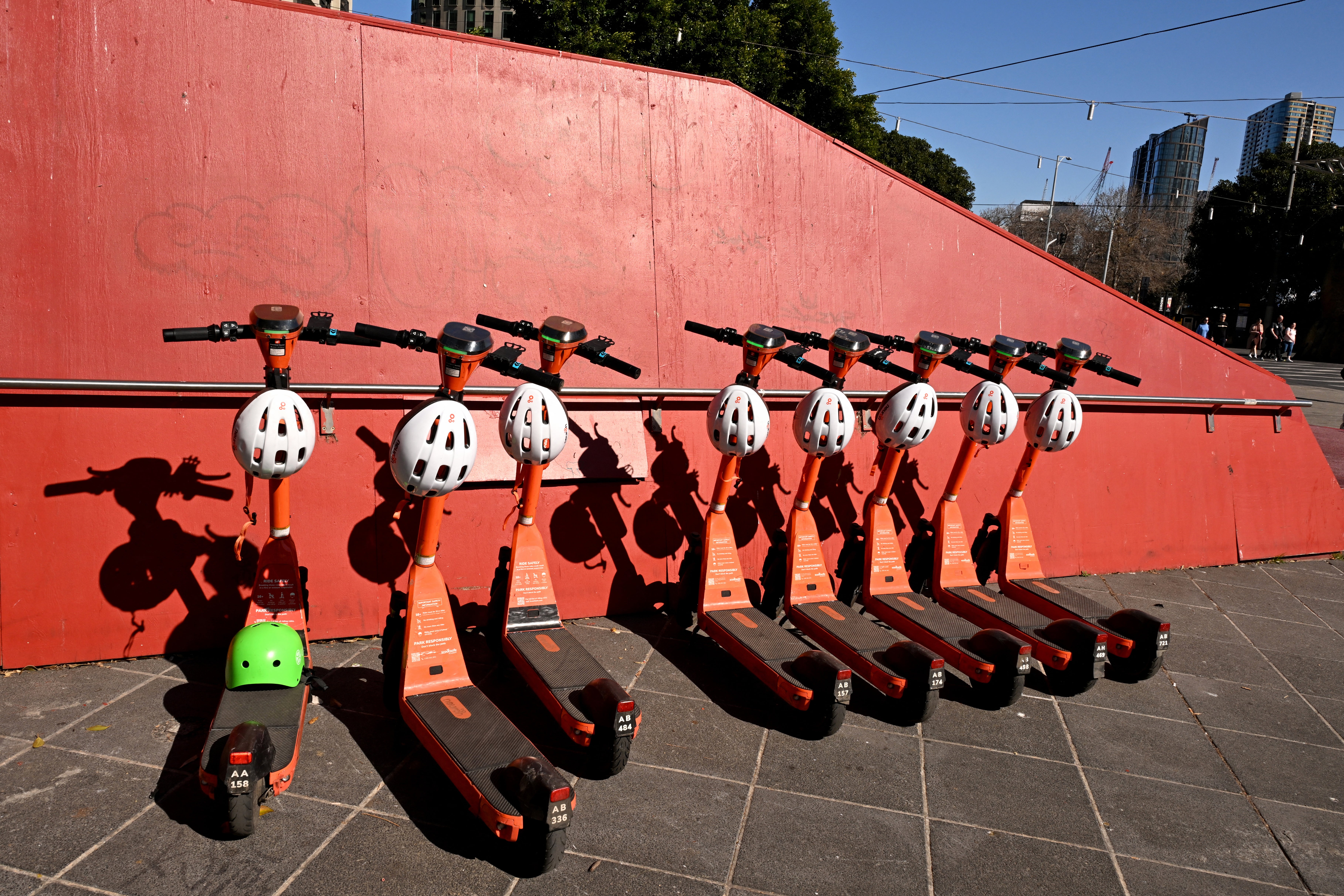 E-scooters are lined up in Melbourne's central business district