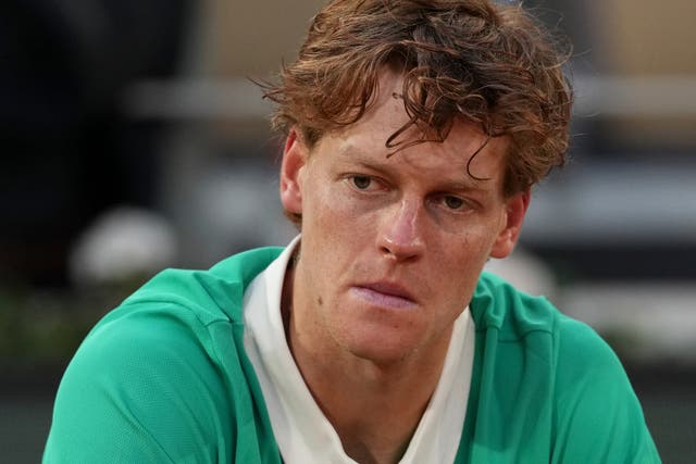 <p>Jannik Sinner reacts after the final match of the French  Open against  Carlos Alcaraz </p>