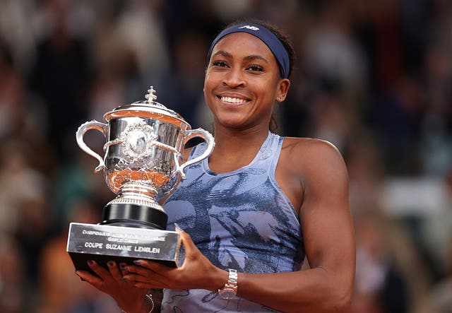 <p>Coco Gauff with the coveted Suzanne Lenglen trophy</p>