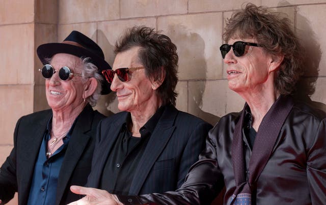 <p>Richards with Ronnie Wood and Mick Jagger at the launch of their 2023 album, 'Hackney Diamonds'</p>