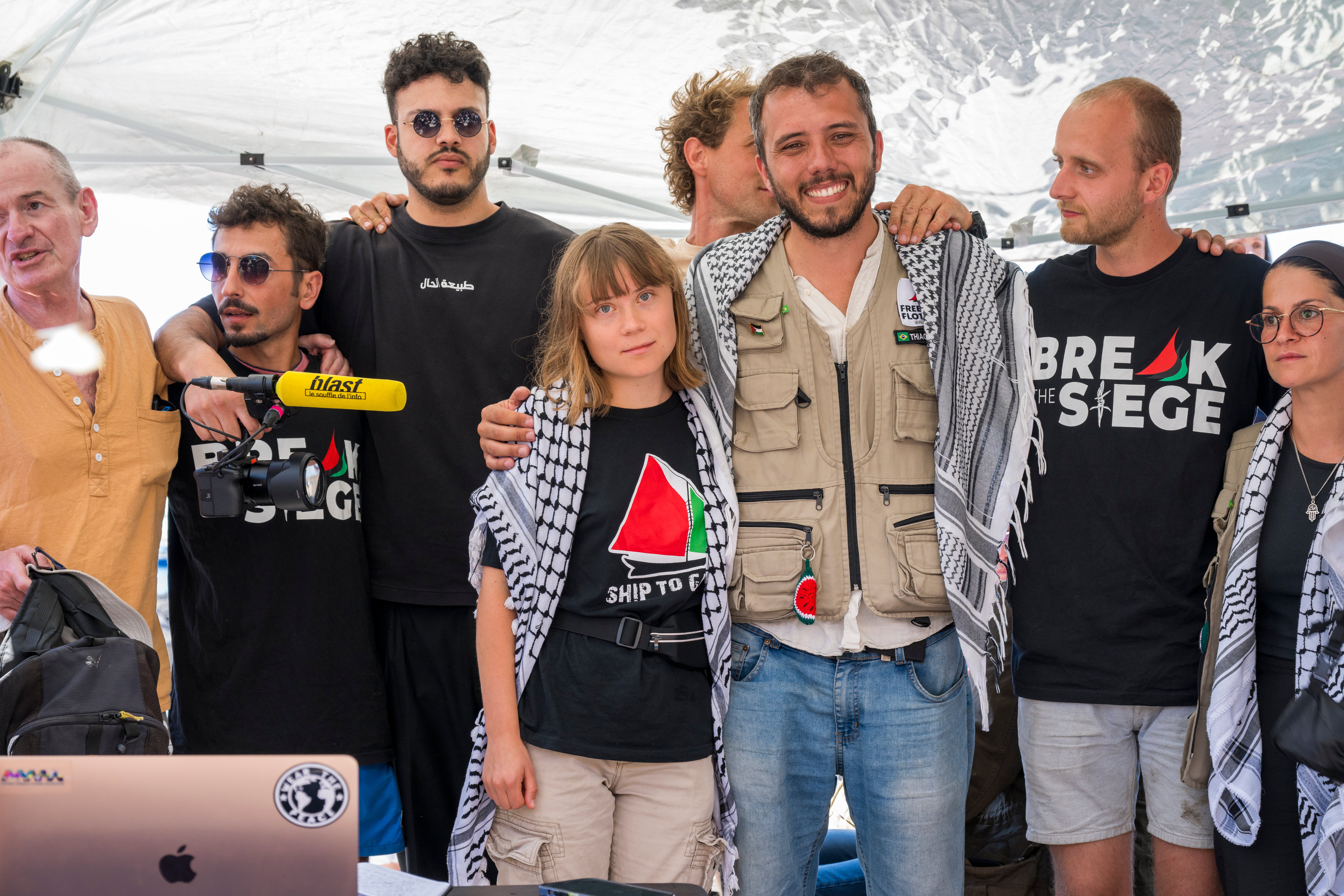 Greta Thunberg with part of the crew of the ship Madleen, shortly before departure for Gaza