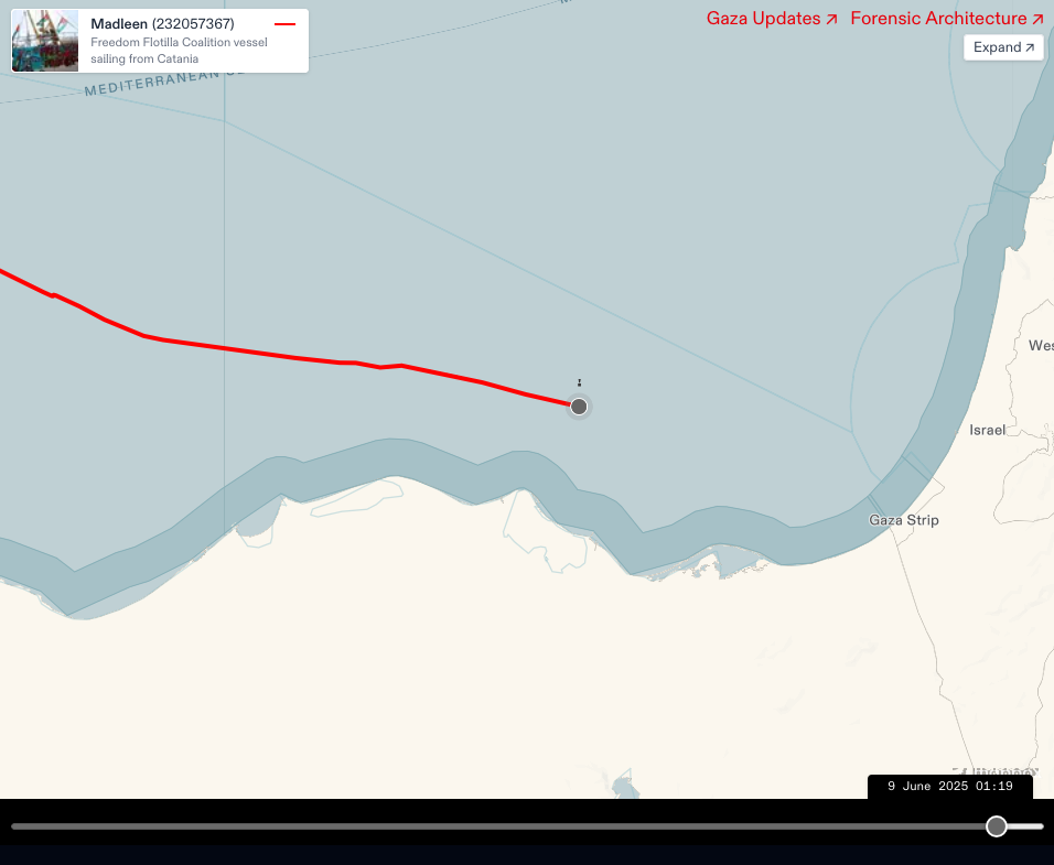 The Madleen GPS tracker stopped issuing a signal after it was boarded by Israeli forces off the coast of Egypt