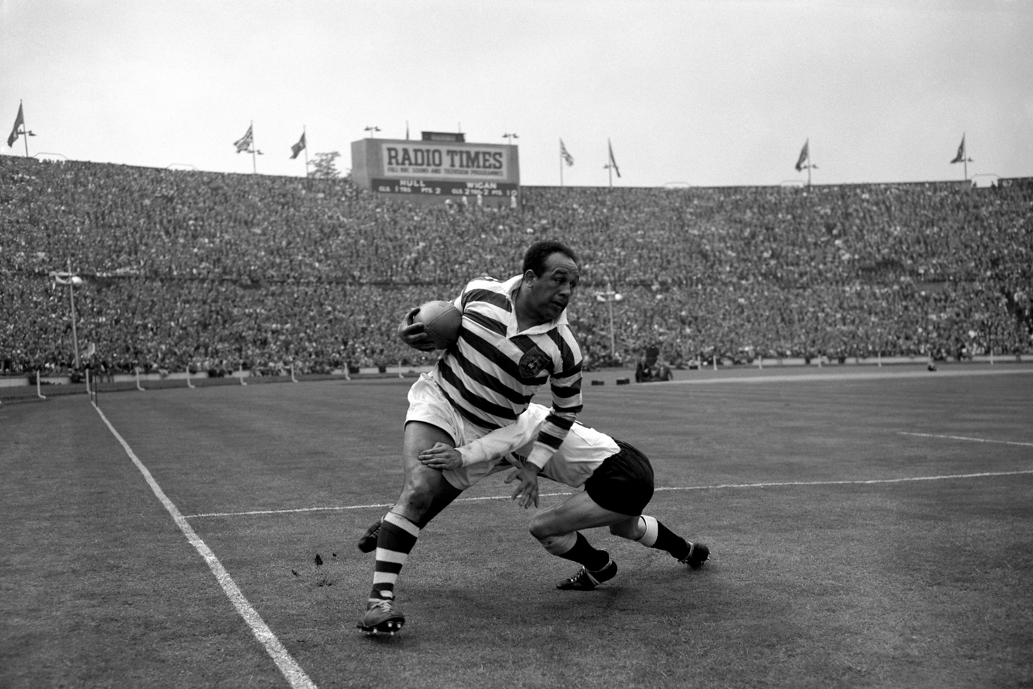 Billy Boston during the rugby league Challenge Cup final at Wembley in 1959 (PA)