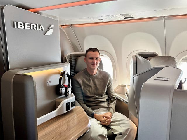 <p>Rhys Jones reveals how to soften the effects of jet lag. The travel guru is pictured here on an Iberia Airbus A321XLR from Madrid to Boston</p>