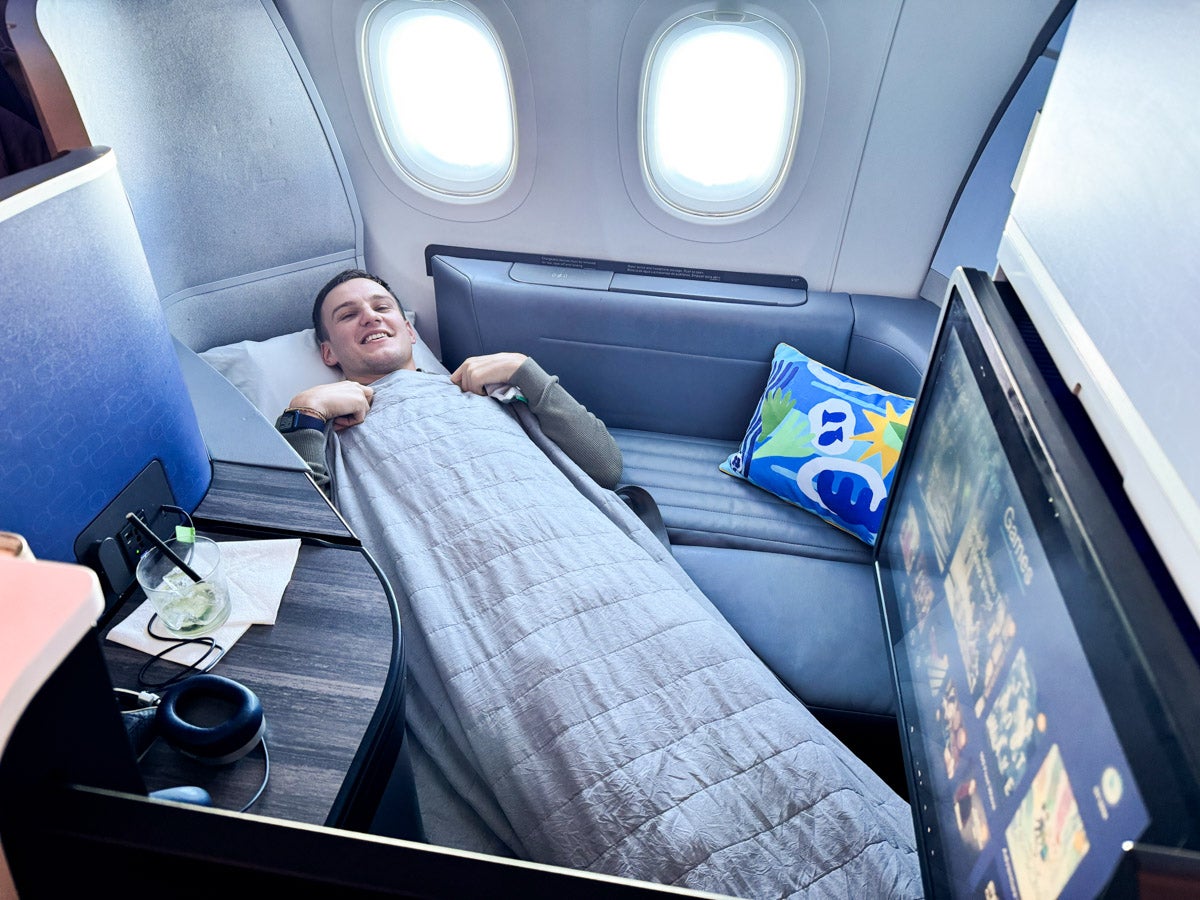 Dreamy work: Rhys declares that he could not play his role as an aviation writer for the flying economy. It is shown here in a Jetblue Airbus A321Lr in London to Boston