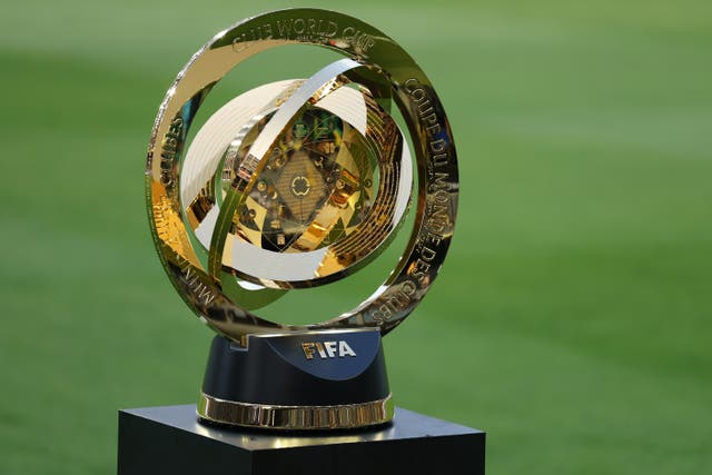 <p>The Club World Cup trophy is displayed prior to the Play-In match between LAFC and Club America</p>