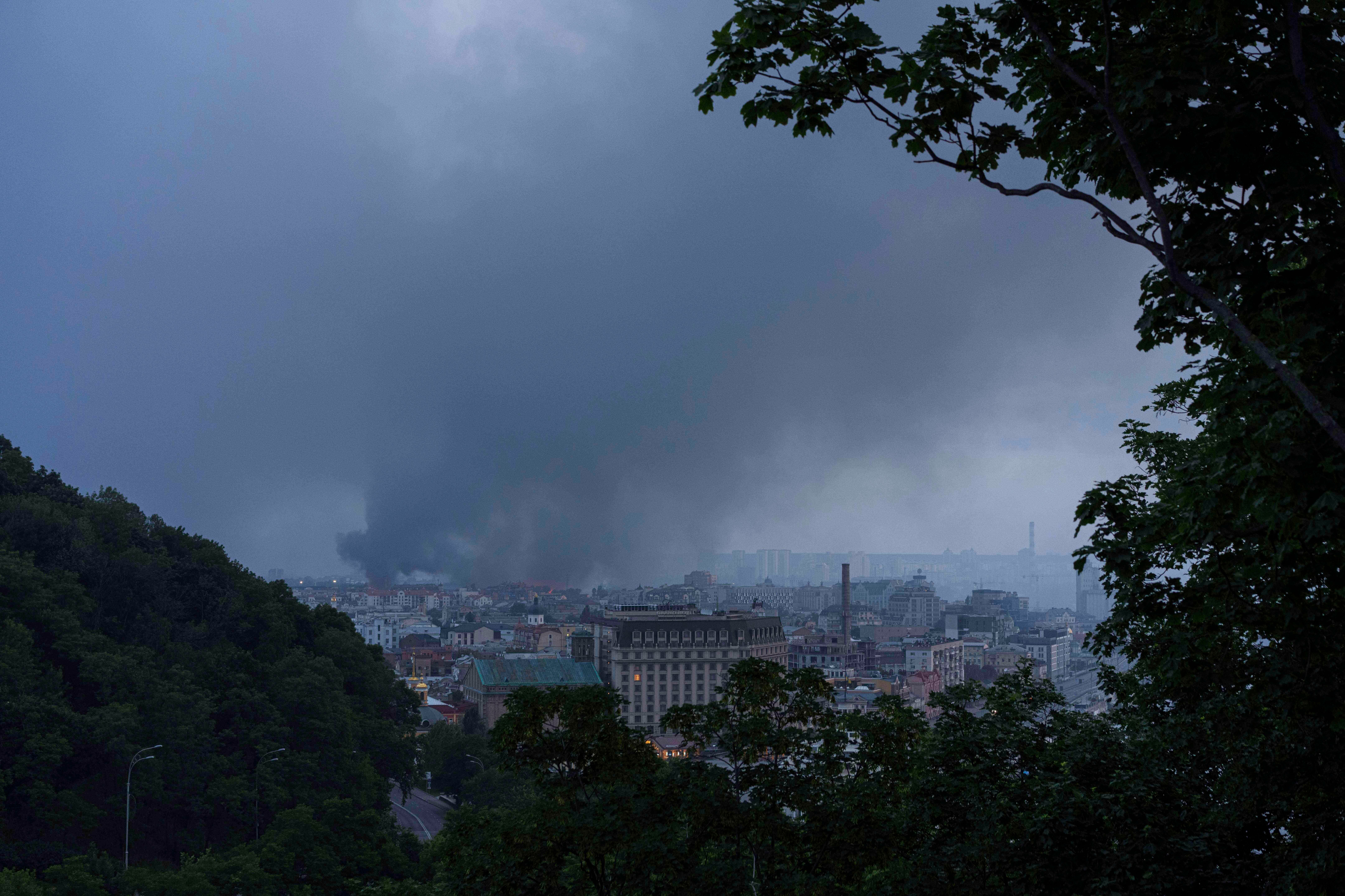 Smoke rises after Russian drone strike on Kyiv