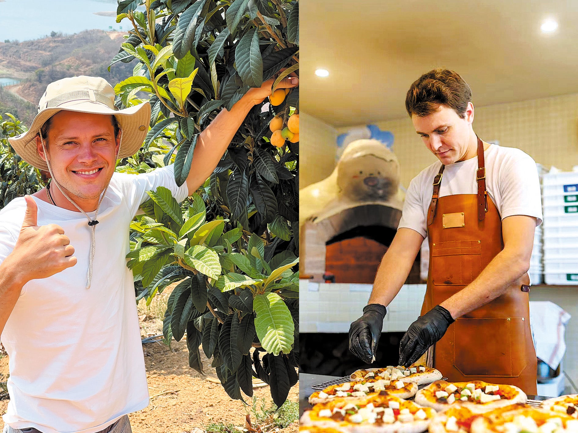 <p>Patrik Bachstatter (left) visits a traditional loquat farm in Dali, Yunnan province, and Adrien Brill works in his pizza shop in Huangshan, Anhui province</p>