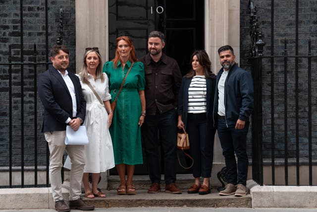 Families of the victims of the Southport attack (left- right) Chris Long and Jenni Stancombe, uncle and mother of Elsie Dot Stancombe, Lauren and Ben King, parents of Bebe King and Alexandra Aguiar and Sergio Aguiar, parents of Alice Aguiar ahead of meeting Prime Minister Sir Keir Starmer and Deputy Prime Minister Angela Rayner at 10 Downing Street (Carl Court/PA)