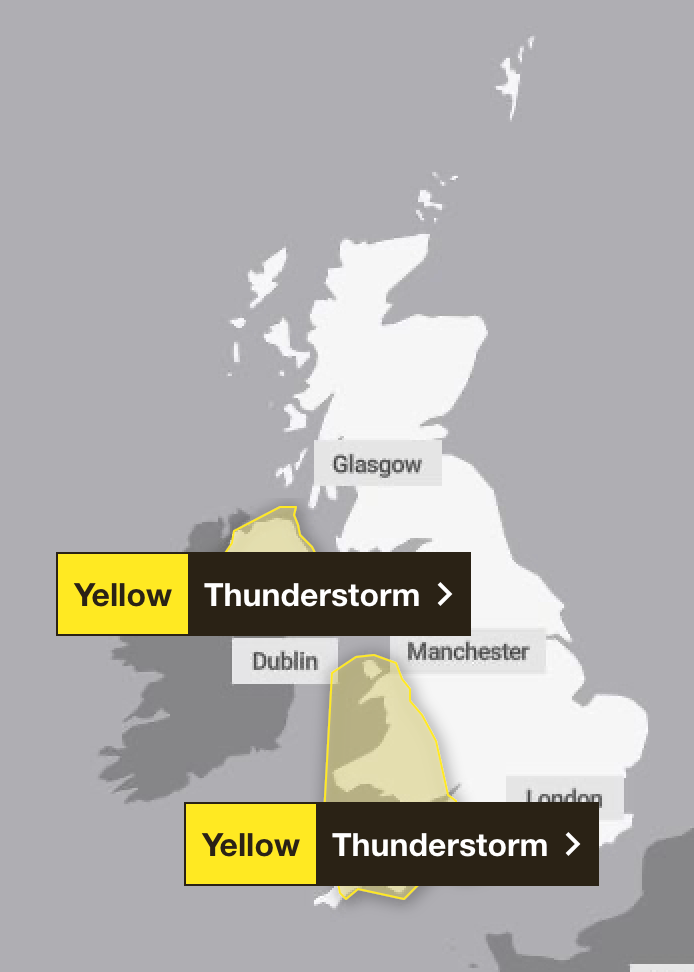 Thursday warnings will hit west from England and northern Ireland, crossing north