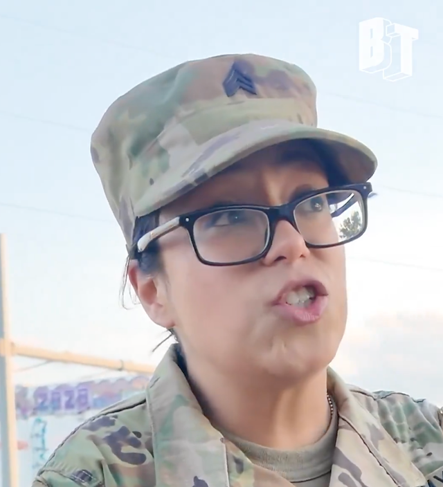 <p>A U.S. Army veteran speaks out against President Donald Trump's deployment of active-duty Marines to help police anti-ICE protests in Los Angeles at a sympathy demonstration in Dallas, Texas, on Monday June 9 2025</p>