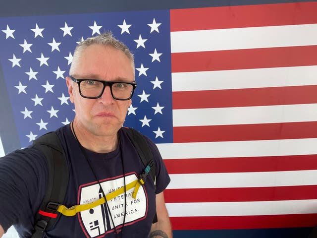 <p>US Marine Corps veteran Joe Plenzler poses in Washington, June 6, 2025, during the Unite For Veterans Coalition protest</p>