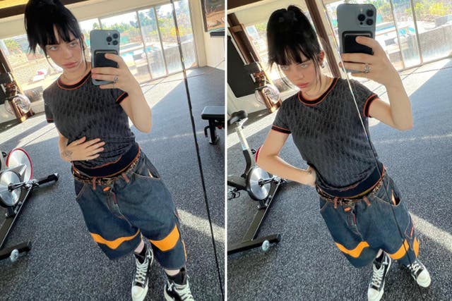 <p>Billie Eilish in the long denim clothing item that harks back to the Nineties</p>