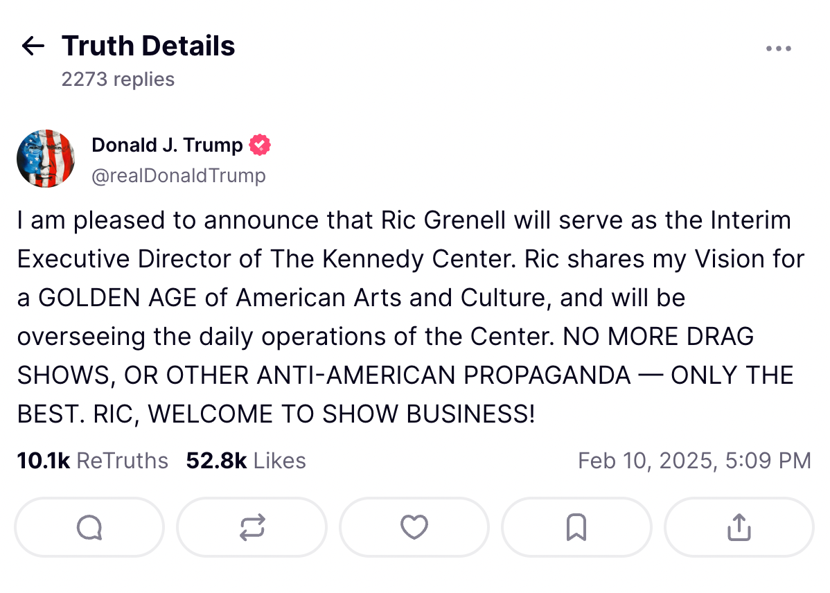Trump ignited fury over his decision to take the reigns of the Kennedy Center, as he pledged to scrap ‘woke’ programming aligned with so-called leftist ideology. On social media, he wrote that there would be ‘NO MORE DRAG SHOWS, OR OTHER ANTI-AMERICAN PROPAGANDA’
