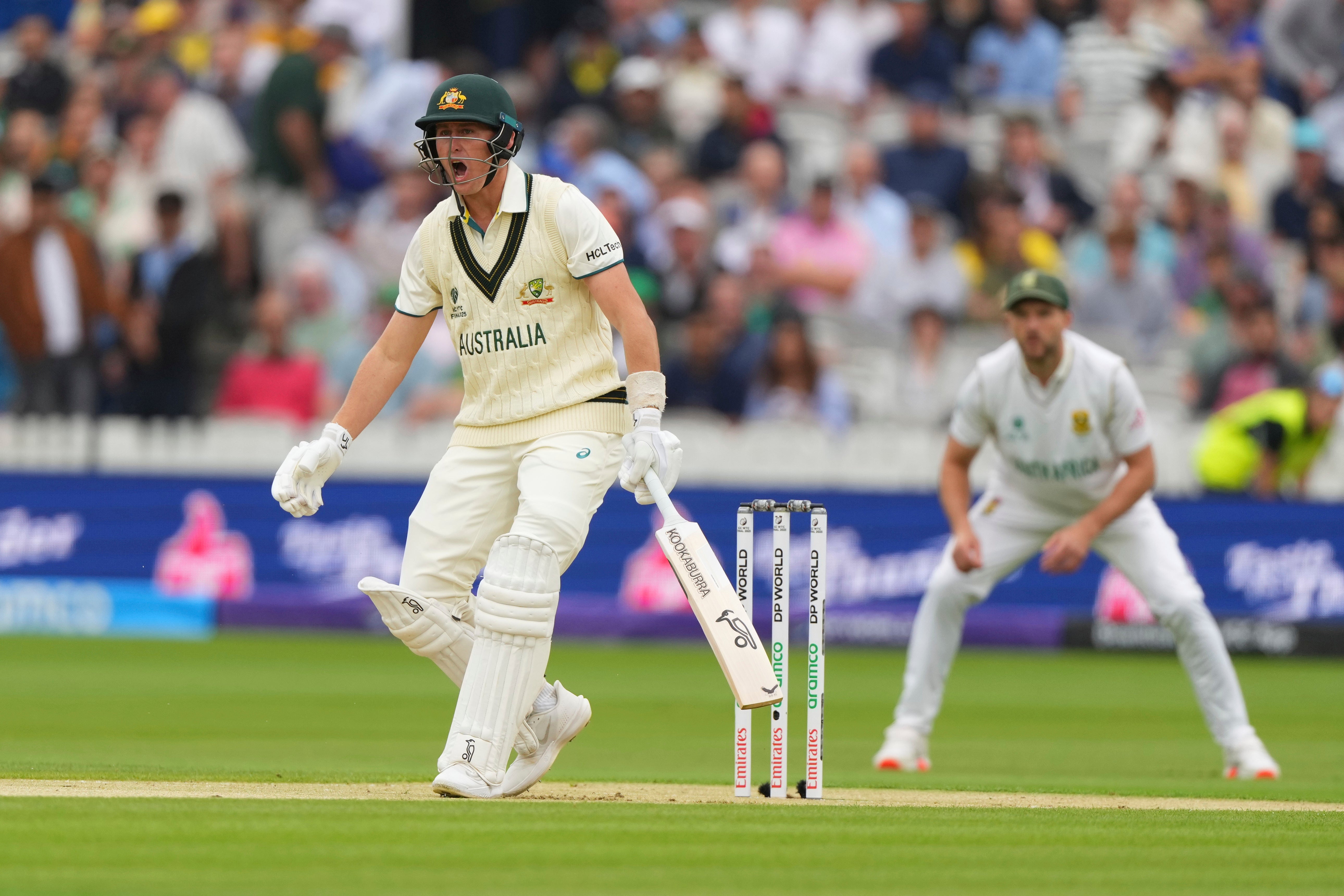 <p>Australia's Marnus Labuschagne reacts after playing a shot during the World Test Championship final between South Africa and Australia </p>