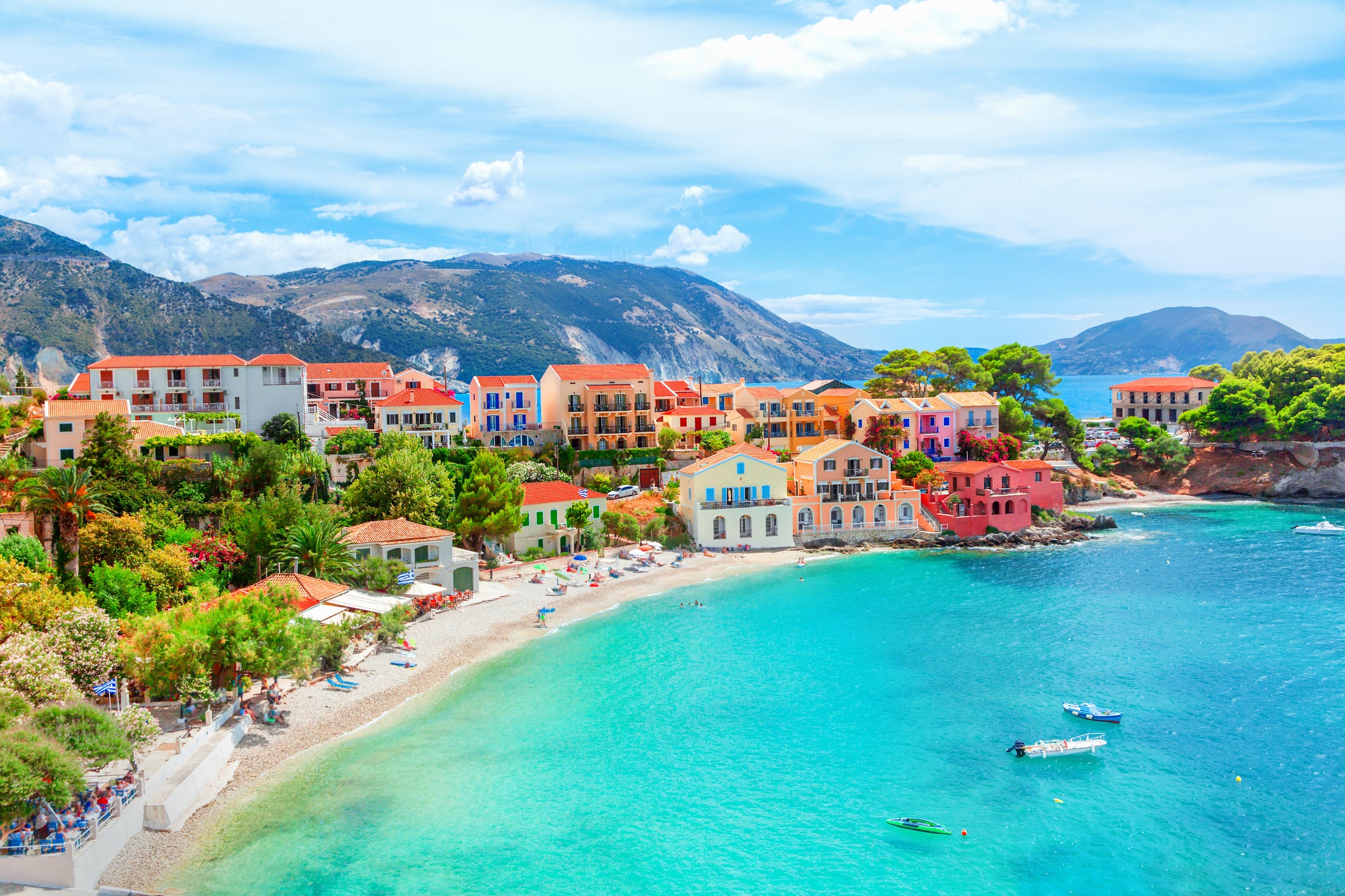 Greece is a hotspot for Americans in 2025, a villa rental company has revealed. Pictured is the village of Assos on the Greek island of Kefalonia
