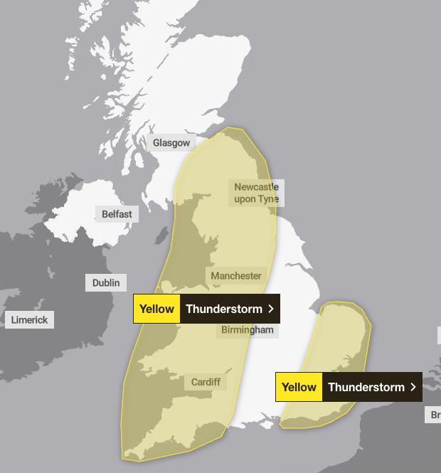 Met office Yellow Weather Warning for Thunderstorm on Saturday