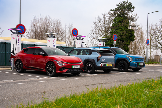 <p>Energy firm Gridserve calls on the government to drop VAT on public chargers (pictured: The Kia EV3, EV6 and EV9)</p>