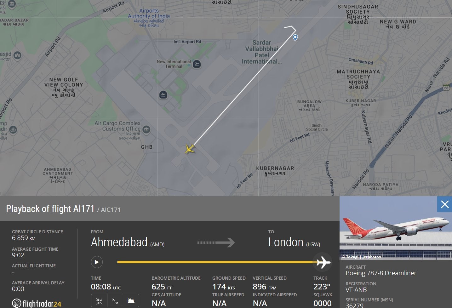 Flight tracking data for the Air India 171 flight that crashed in Ahmedabad